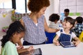 Female Teacher With Multi-Cultural Elementary School Pupils Using Digital Tablets At School Royalty Free Stock Photo