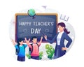 A female teacher is pointing at the blackboard that says happy teachers day with her two students. Vector illustration Royalty Free Stock Photo