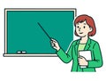 Female teacher pointing at chalkboard while holding lesson materials Royalty Free Stock Photo