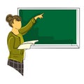 Female teacher or professor teaching math pointing at chalkboard vector isolated illustration.Female teacher at lesson