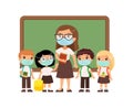 Female teacher and pupils  with protective masks on their faces. Royalty Free Stock Photo