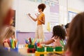 Female Teacher Standing At Whiteboard Teaching Maths Lesson To Elementary Pupils In School Classroom Royalty Free Stock Photo