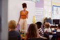 Female Teacher Standing At Whiteboard Teaching Maths Lesson To Elementary Pupils In School Classroom Royalty Free Stock Photo