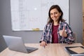 Female teacher and student having online conference, using laptop computer. Woman tutor foreign lesson smiling and Royalty Free Stock Photo