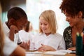 Female Teacher With Two Elementary School Pupils Wearing Uniform Using Digital Tablet At Desk Royalty Free Stock Photo