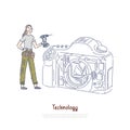 Female technician holding drill, girl fixing camera, photography equipment parts replacement, technical support banner