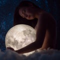 Female tenderness, a beautiful girl holds the moon against the background of stars and sky, zodiac and astrology, female magic and