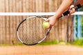 Female tennis player starting set outdoor Royalty Free Stock Photo