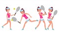 Female Tennis Player Vector. Woman Big Tennis Sport Athlete. Different Poses. Cartoon Character Illustration Royalty Free Stock Photo