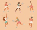 Female tennis players isolated characters vector set. Girls players figures with racket and ball on tennis court Royalty Free Stock Photo