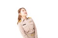 Female Thai government officer in khaki uniforms looking above on isolated white background. advertising, product, sale promotion