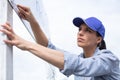 Female tightening metal bolt with spanner Royalty Free Stock Photo