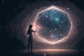 Female touching earth hologram in virtual world. generative ai.