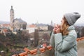 Female tourist against the background of town in the Czech Republic - Kutna Hora