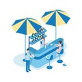 Female tourist in beach bar isometric vector illustration. Woman, bartender and waiter 3D cartoon characters. Girl drink