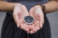 female tourist with compass. High quality photo Royalty Free Stock Photo