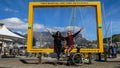 Female Tourist with face mask, Male tourist with face mask framed with Table Mountain in background, man in wheelchair, paraplegic