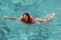 Female tourist learning to swim using a lifejacket