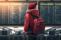 Female tourist looking at flight schedules for checking take off time