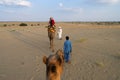 Female tourist riding camel, Camelus dromedarius, at sand dunes of Thar desert, Rajasthan, India. Camel riding is a favourite Royalty Free Stock Photo