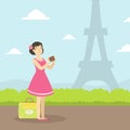 Female Tourist Sightseeing and Taking Photo of Eiffel Tower, Girl Travelling on Summer Vacation, Vector Illustration