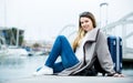 Female tourist standing at pier Royalty Free Stock Photo