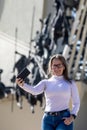 Female tourist taking selfies at the Vargas Swamp Lancers memorial located near Paipa city in Boyaca. Realized by Colombian Royalty Free Stock Photo