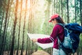 Female tourist travel in pine woods trip hiking during vacation. Travel and Wild nature concept. Lifestyle and activities of woman