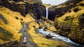 Female tourist walk on pathway visit famous Kvernufoos waterfall landmark. Yellow grass hills on Kvernufoss waterfall. Majestic