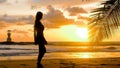 Female tourist walking barefoot along sea water waves on sandy beach. Young woman walks at seaside in romantic golden Royalty Free Stock Photo