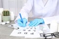Female trainee doctor writes prescription in clipboard