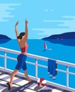 Female training dancing on seaside balcony vector