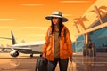 Female traveler with boarding pass and luggage at airport gate, ready to board airplane Royalty Free Stock Photo