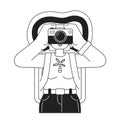 Female traveler capturing holiday memories on camera bw flat vector character