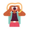 Female traveler capturing holiday memories on camera semi flat colorful vector character