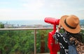 Female Traveler Enjoy Aerial View of Black Sea with Binoculars on the Observation Deck of Batumi, Georgia Royalty Free Stock Photo