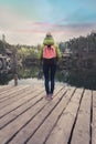 A female traveler is standing on a wooden pier near a beautiful lake in a pine forest. Royalty Free Stock Photo