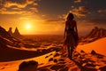 Female traveler stepping by the sandy landscape. Lonely woman walking by the desert at sunset