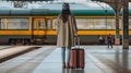 A Female traveler in stylish outfit standing with suitcase on platform of railway station. Generative AI