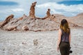 Young Woman at Three Marias Rock Formation at the Moon Valley in the Atacama Desert, Chile Royalty Free Stock Photo