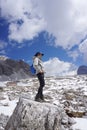 Female trekker standing on the rock with beautiful landscape background