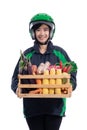 Female uber delivery wearing helmet bring groceries