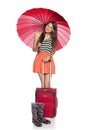 Female under umbrella staning with suitcase and rubber boots