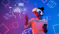 Female User Enjoys Virtual Reality Experience with AI Interface and 3D Graphics Representations in a Futuristic Setting Royalty Free Stock Photo