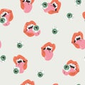Female vampire lips, eye seamless pattern. Cartoon womans open mouth tongue Dracula teeth eyeballs background