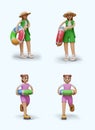 Female vector characters on vacation. Woman in sun hat, girl with inflatable ring
