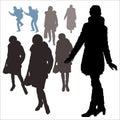 Female vector silhouettes in warm clothes in the winter, in different poses, different ages, isolated on white background, passers