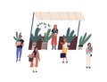 Female vendor at outdoor floristic kiosk or stall vector flat illustration. Florist selling potted plants and