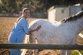 Female vet examining horse at barn Royalty Free Stock Photo