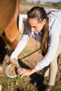 Female vet examining horse hoop at barn Royalty Free Stock Photo